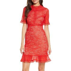 Bardot Lace Dress Medium Red Ruffle Mini